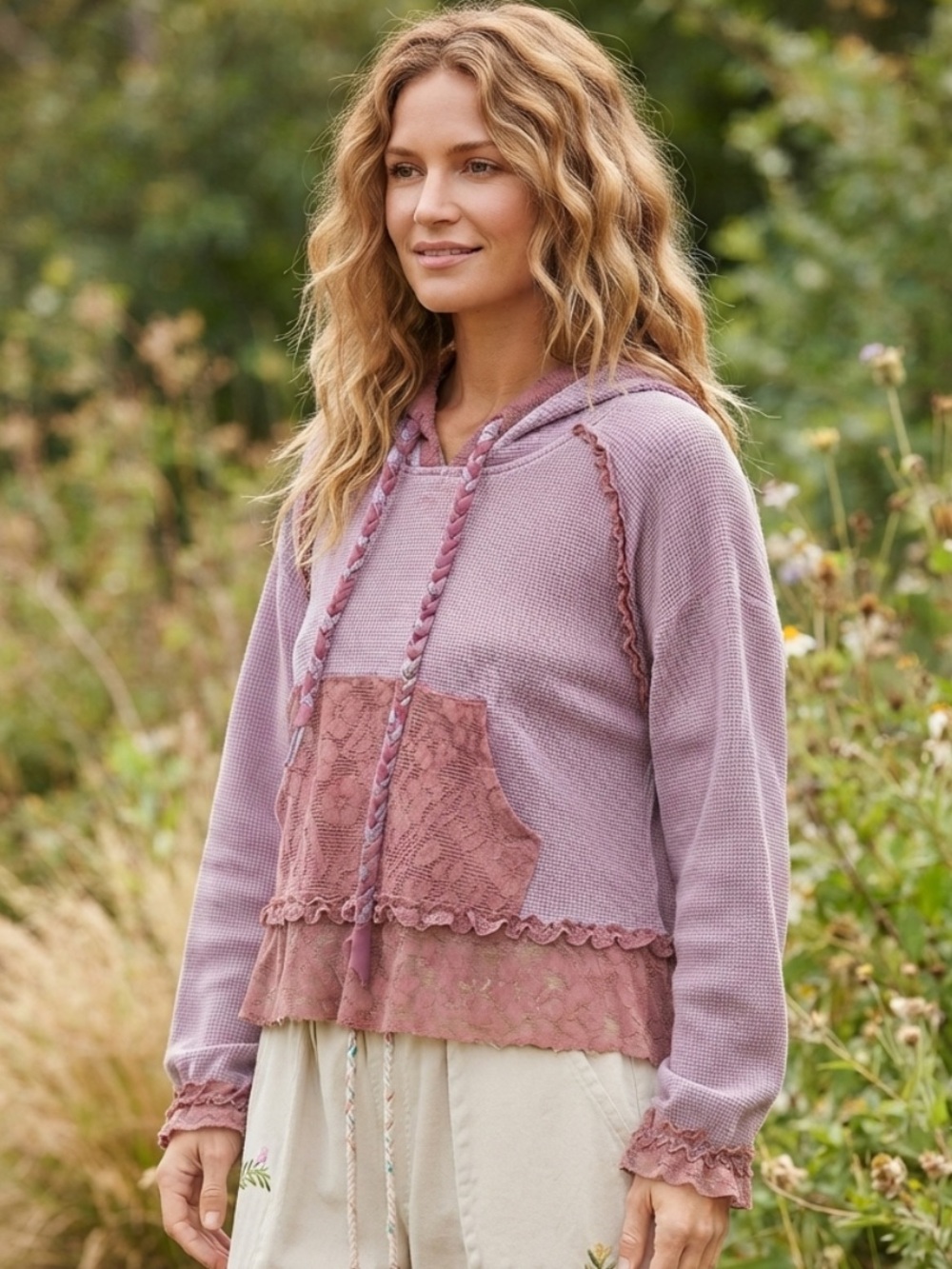 💕NEW! POL Pink Lace-Trim Hooded Pullover Top